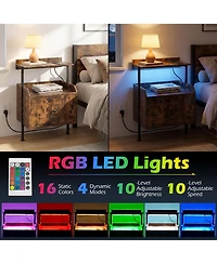 Gymax Nightstand Wall-mounted Bedside Table w/ Led Lights and Charging Station