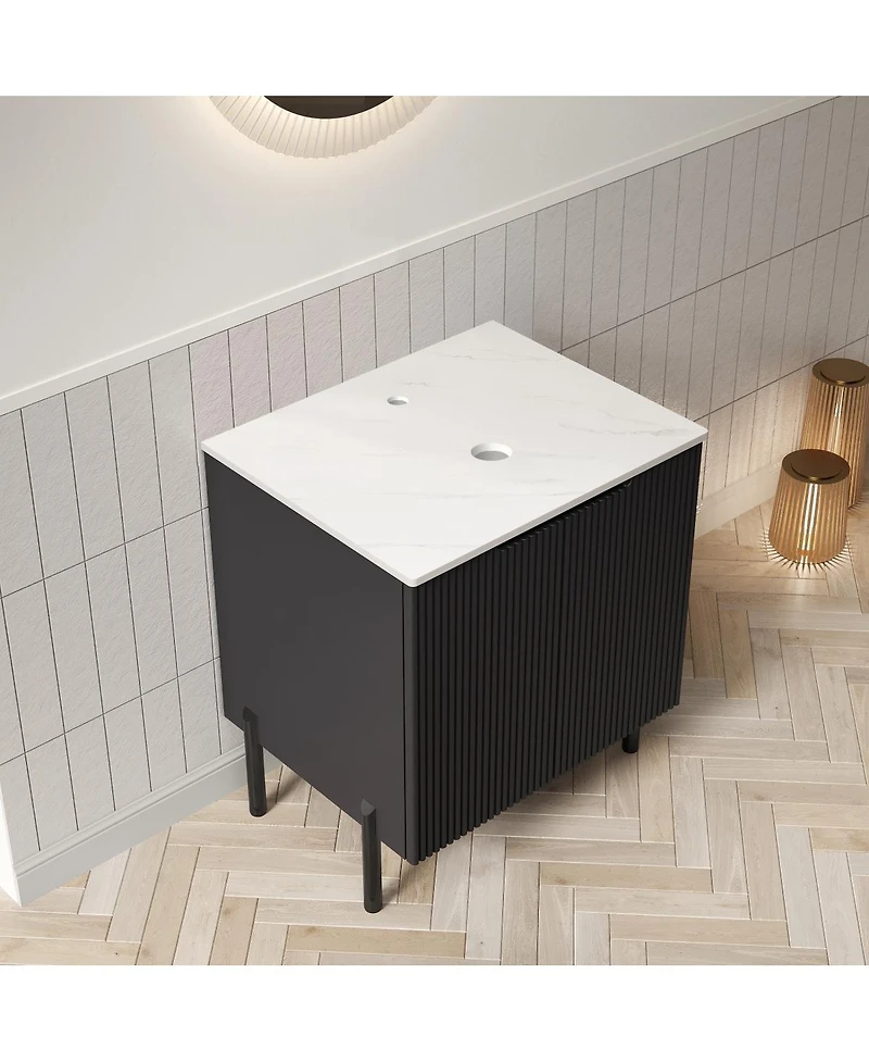 Sillysis 24 Inch Bathroom Vanity without Basin, Sintered Stone Top, Striped Soft Close Doors, Black Modern Scandinavian Storage Cabinet