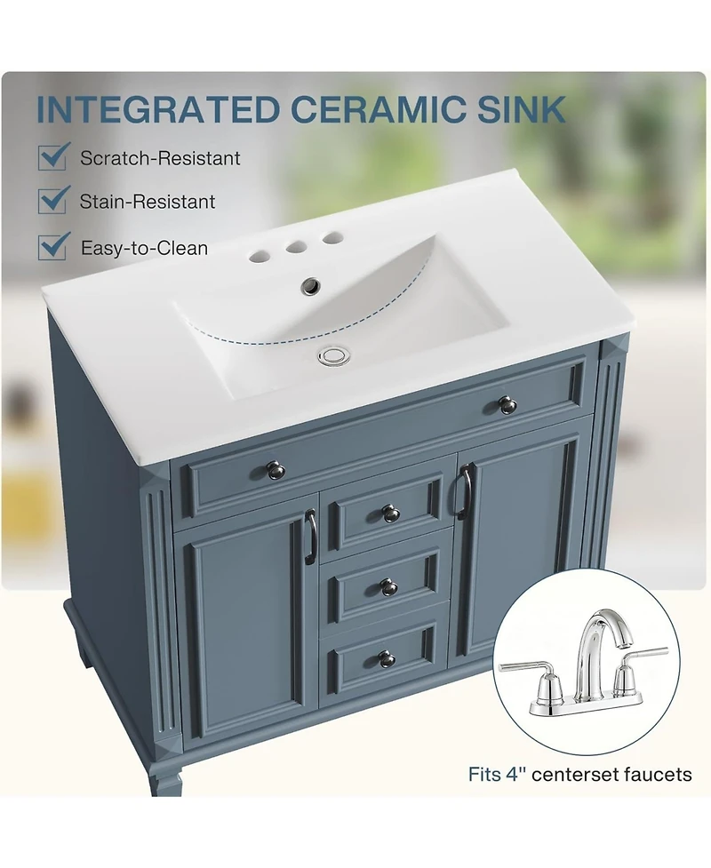 Tribesigns 36-Inch Bathroom Vanity with Sink, Freestanding Bathroom Sink Cabinet with 2 Doors and 2 Drawer, Adjustable Shelf
