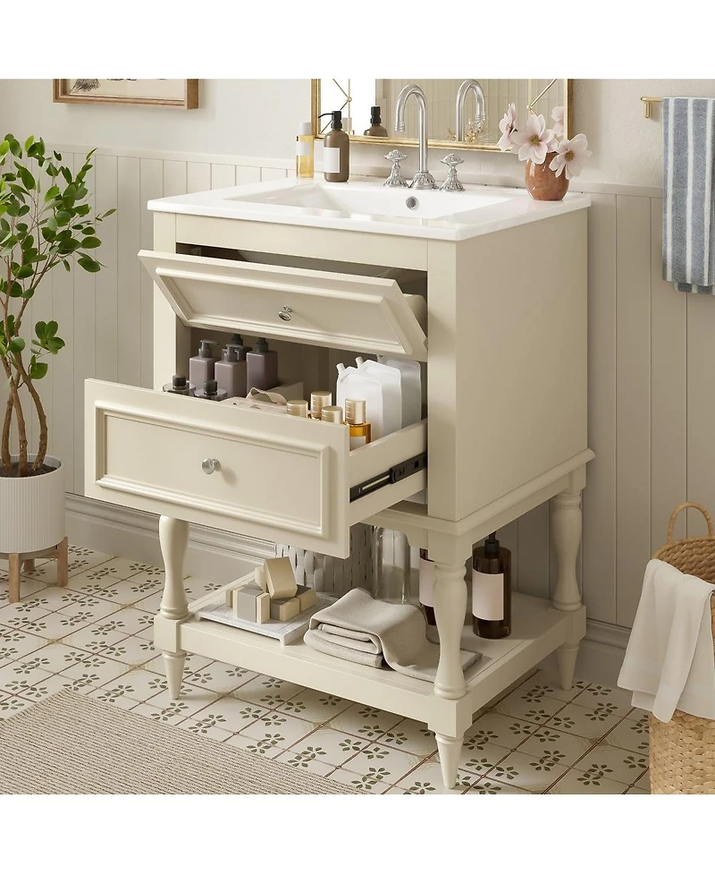 Thirtypeachy 24" French White Simple Solid Wood Mdf Bathroom Vanity With Ceramic Sink, 2 Drawers Adjustable Shelf, 4" Faucet Fit