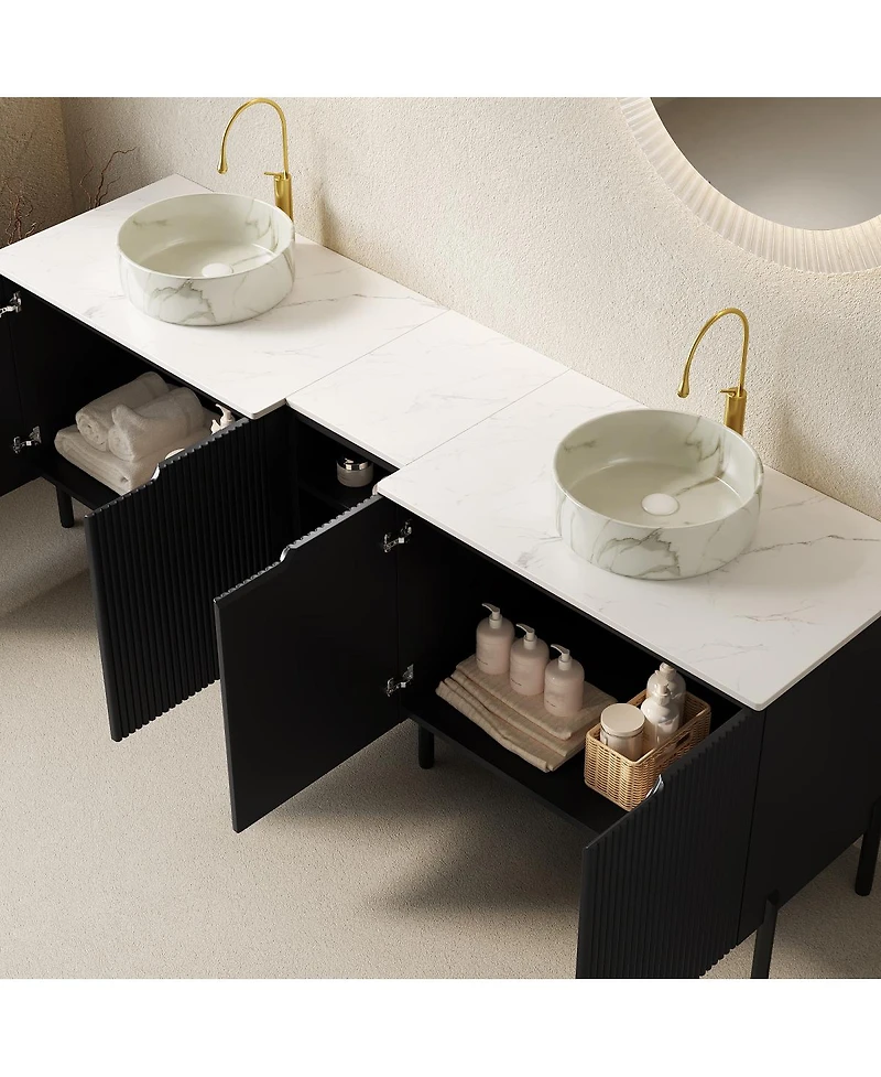 Sillysis Inch Bathroom Vanity with Double Vessel Sinks, Sintered Stone Countertop, Soft Close Doors