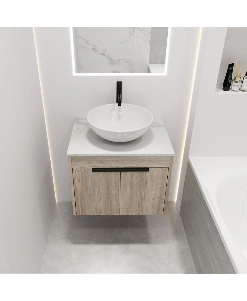 Sillysis Wall Mounted Bathroom Vanity with Ceramic Vessel Sink, Stone Top, Soft Close Doors