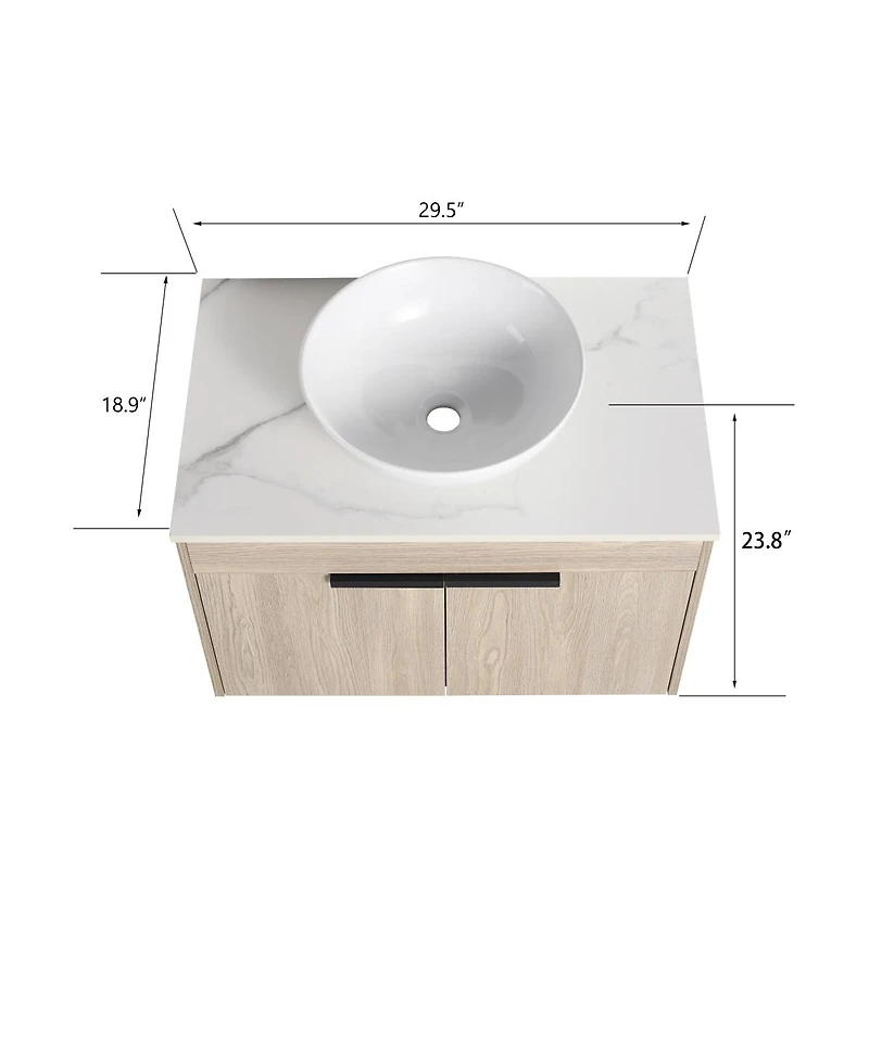 Sillysis Wall Mounted Bathroom Vanity with Ceramic Vessel Sink, Stone Top, Soft Close Doors
