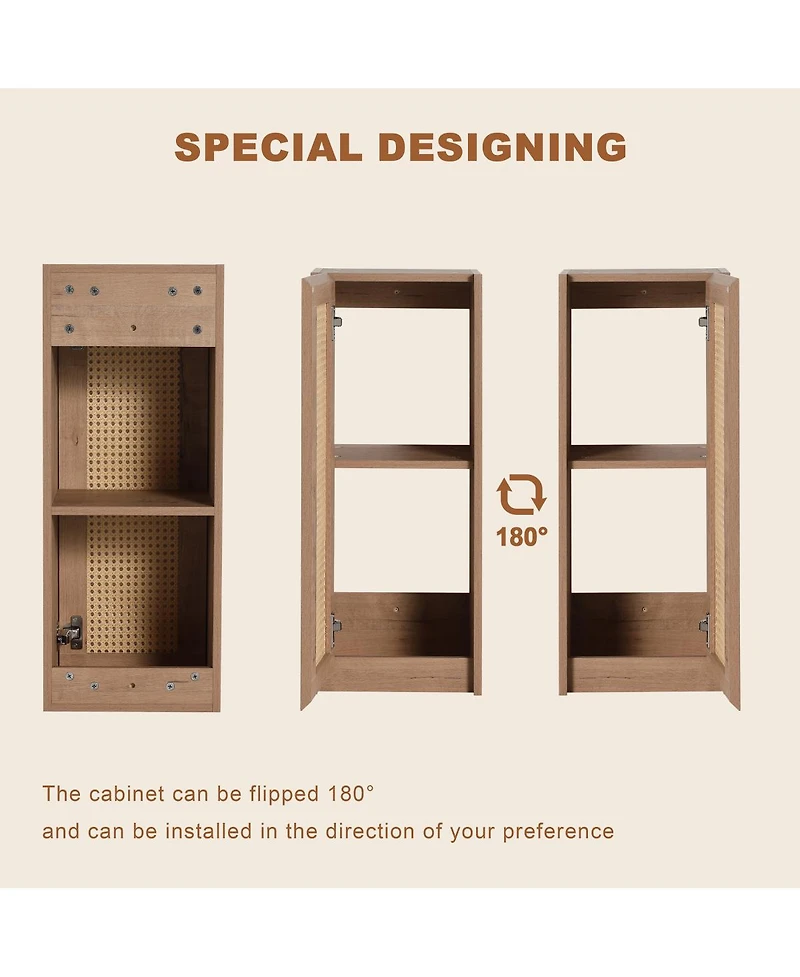 Sillysis Wall Mounted Bathroom Vanity Set, Modern Plywood Cabinet with Vessel Sink, Rotating Rattan Side Storage