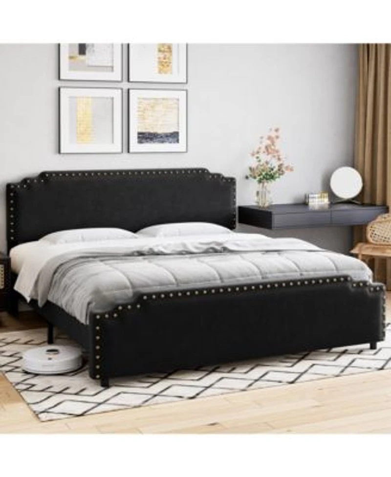 Homfan Velvet Upholstered Platform Bed Frame With Rivet Decor Headboard Strong Wood Slat Support No Box Spring Needed Easy Assembly