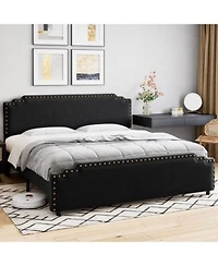 Homfan Velvet Upholstered Platform Bed Frame With Rivet Decor Headboard Strong Wood Slat Support No Box Spring Needed Easy Assembly