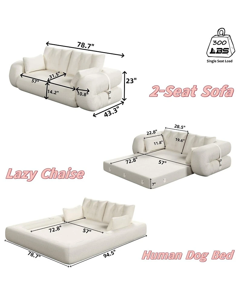 Maison Boucle 78.7'' Teddy 2-Seat 3-in-1 Sleeper Sofa, Foldable Foam Sofa Bed