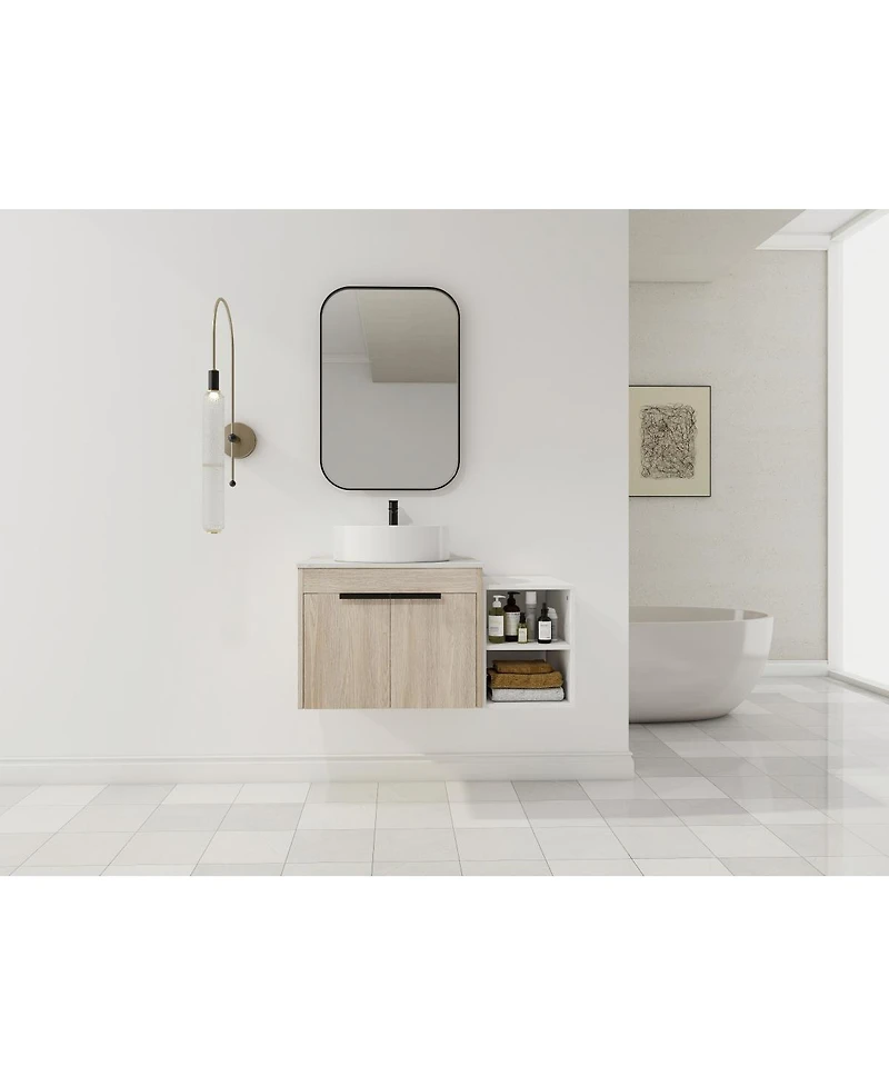 Sillysis Wall Mounted Bathroom Vanity with Ceramic Vessel Sink, Side Storage Shelf, Soft Close Doors