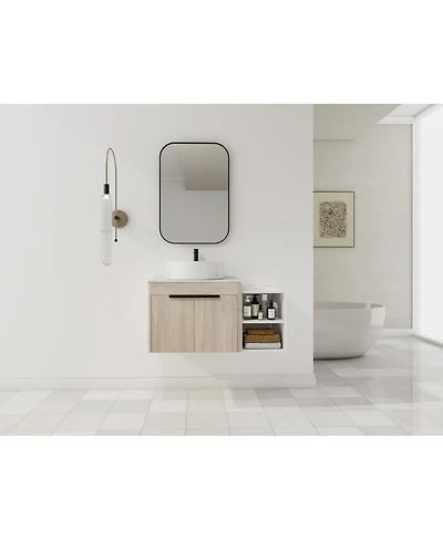 Sillysis Wall Mounted Bathroom Vanity with Ceramic Vessel Sink, Side Storage Shelf, Soft Close Doors