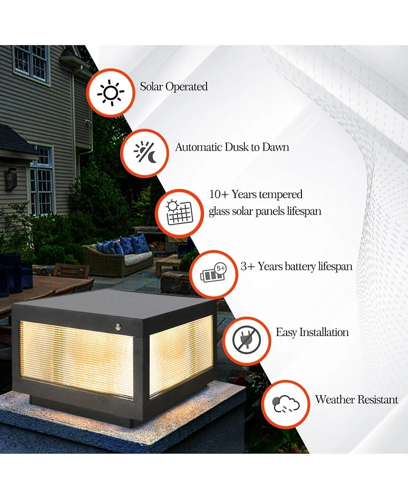 Midola 12" Solar Powered Led Post Cap Light, Modern Outdoor Led Fence Light for Pathways, Decks, and Patios (2-Pack)