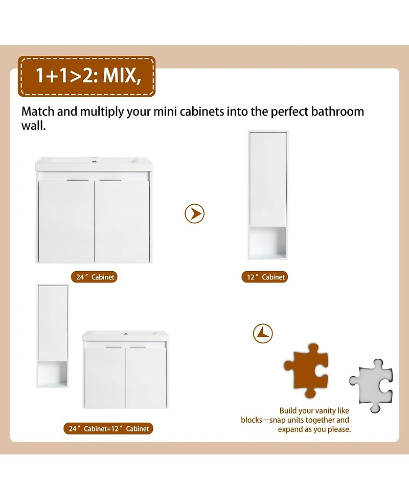 Sillysis 24 Inch Modern Wall Mounted Bathroom Vanity with Resin Sink, Soft Close Doors, Water-Resistant Cabinet, Small Wall Storage
