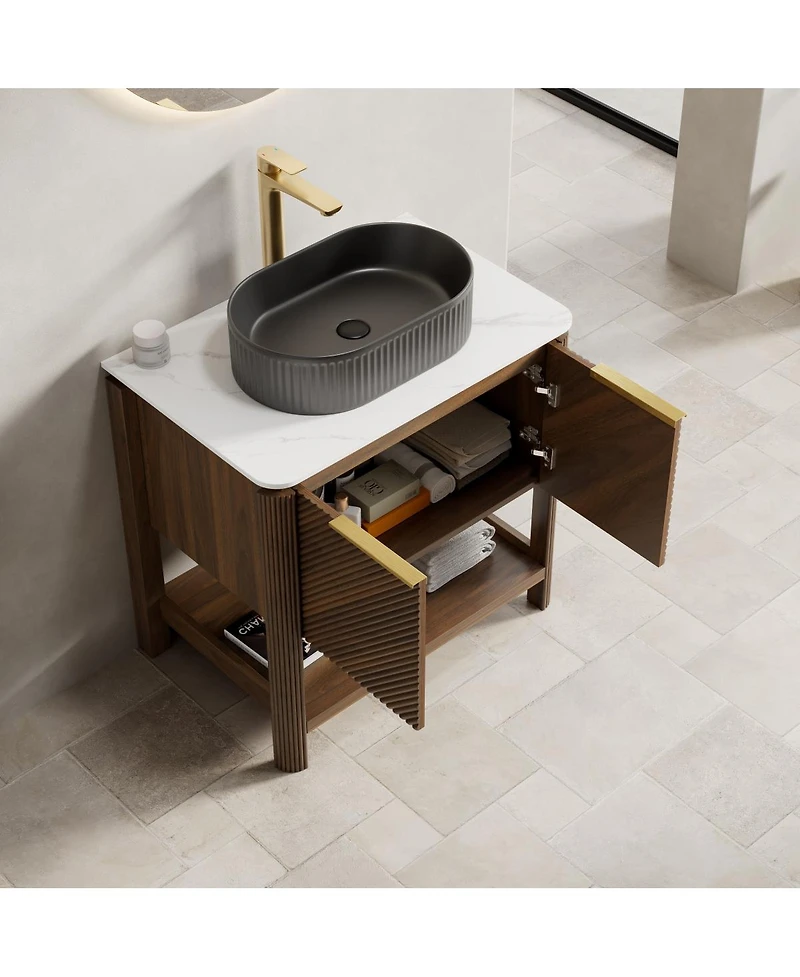 Sillysis Modern Bathroom Vanity with Vessel Sink, Sintered Stone Countertop, Soft Close Solid Wood 3D Doors