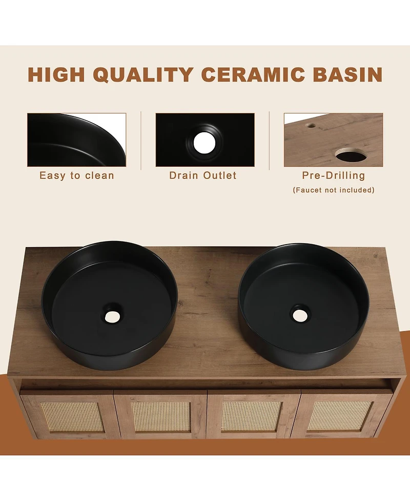 Sillysis Wall Mounted Double Bathroom Vanity Set, Modern Plywood Cabinet, Dual Vessel Ceramic Sinks, Open Storage Rack