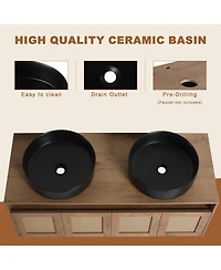 Sillysis Wall Mounted Double Bathroom Vanity Set, Modern Plywood Cabinet, Dual Vessel Ceramic Sinks, Open Storage Rack