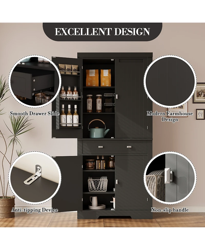 homfan Modern Farmhouse Freestanding Pantry Cabinet, Engineered Wood Kitchen Storage Cupboard with Adjustable Shelves and Anti-Tip Design