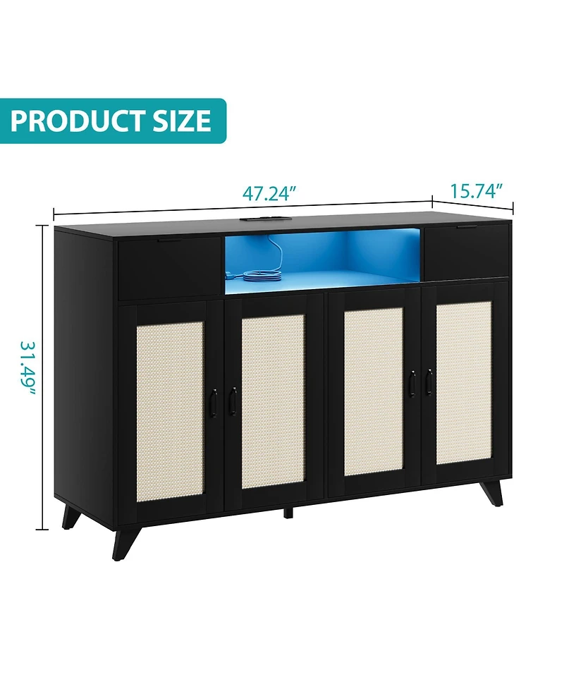 homfan Modern Boho Rattan Sideboard Buffet, 4-Door 2-Drawer Credenza with Built-in Outlets, Led Lighting and Adjustable Shelves for Multi-Room Storage