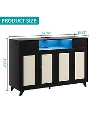 homfan Modern Boho Rattan Sideboard Buffet, 4-Door 2-Drawer Credenza with Built-in Outlets, Led Lighting and Adjustable Shelves for Multi-Room Storage
