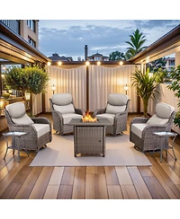 Pocassy Patio Rocking Swivel Chair with Fire Pit Table Outdoor Wicker Rattan Bistro Set Tempered Glass Side