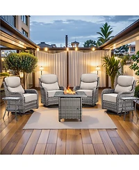 Pocassy Patio Rocking Swivel Chair with Fire Pit Table Outdoor Wicker Rattan Bistro Set Tempered Glass Side