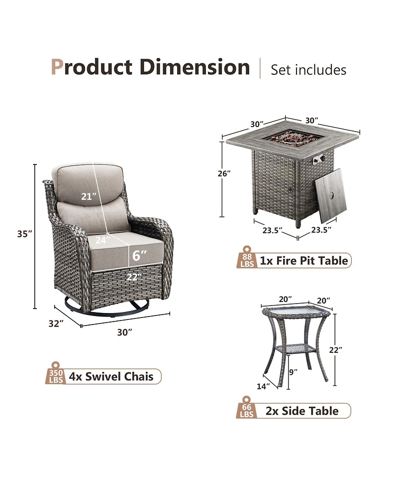 Pocassy Patio Rocking Swivel Chair with Fire Pit Table Outdoor Wicker Rattan Bistro Set Tempered Glass Side