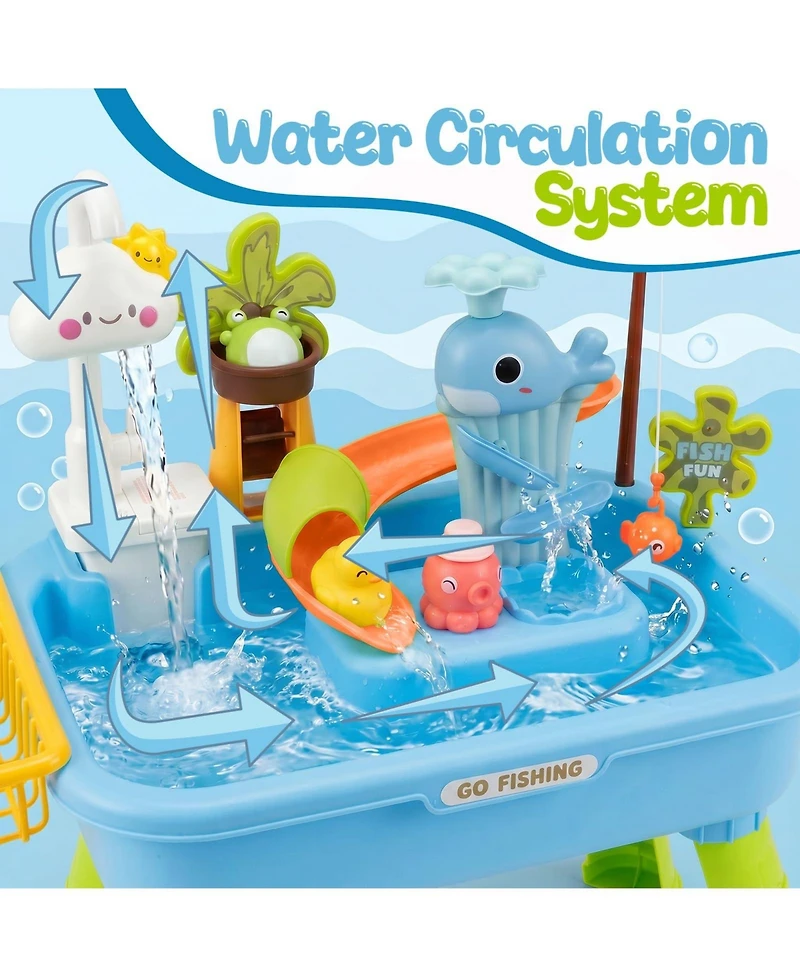 Gnuadz 4-in-1 Sand Water Table Electric Pump Outdoor Play Kitchen Sink Fishing Game