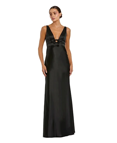 Mac Duggal Women's Sleeveless V Neck Satin Gown With Bow Details