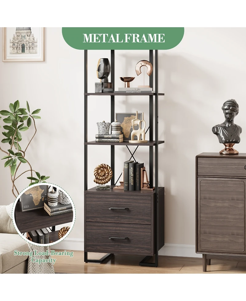 homfan Industrial Steel-Wood Storage Bookcase, Multi-Shelf Cabinet with Hidden Drawers and Anti-Tip Device, Easy Assembly Home Office Organizer