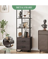 homfan Industrial Steel-Wood Storage Bookcase, Multi-Shelf Cabinet with Hidden Drawers and Anti-Tip Device, Easy Assembly Home Office Organizer