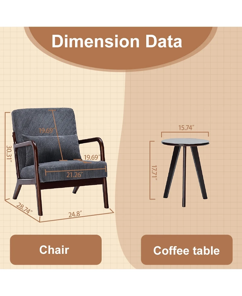 Rainsken Accent Chair with Side Table, Mid-Century Modern Upholstered Chair and Coffee Table Set for Living Room, Bedroom
