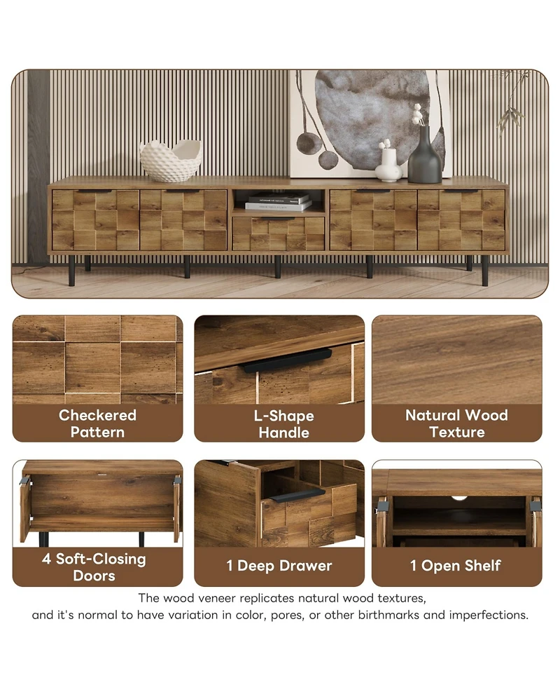 Rainsken 78" Modern Tv Stand, for TVs Up to 85", with Checkered Cabinet Doors, Storage Drawers and Open Shelves, for Living room, Bedroom