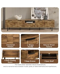 Rainsken 78" Modern Tv Stand, for TVs Up to 85", with Checkered Cabinet Doors, Storage Drawers and Open Shelves, for Living room, Bedroom