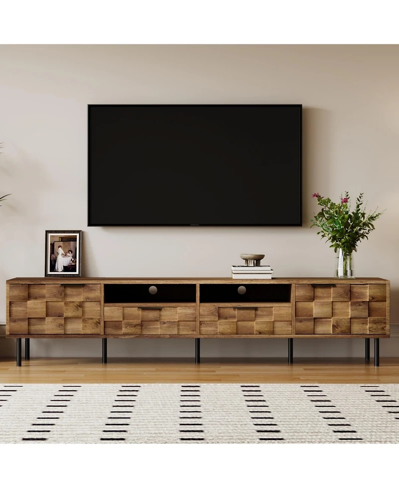 Rainsken 80" Mid Century Tv Stand, with 2 Drawers, 2 Doors, and Open Space, for TVs Up to 85", Media Console, for Living room, Bedroom, Home Theatre