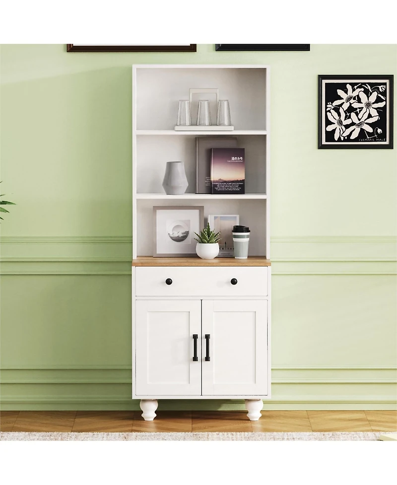 Rainsken Floor Standing Bookshelf, Wood Display Bookcase, Modern Storage Cabinet with 4 Wood Gourd-Shaped Legs and Drawer for Living Room, Study Room