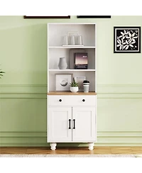 Rainsken Floor Standing Bookshelf, Wood Display Bookcase, Modern Storage Cabinet with 4 Wood Gourd-Shaped Legs and Drawer for Living Room, Study Room