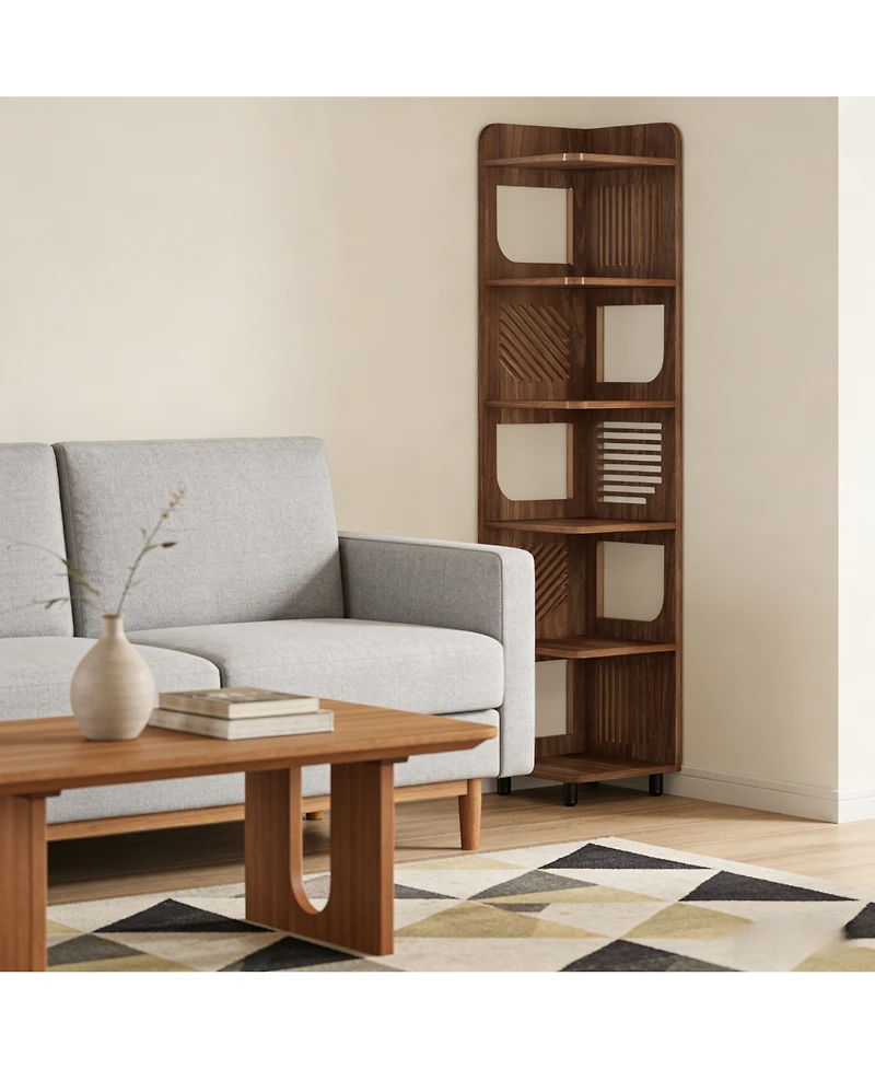 Rainsken Rustic 6-Tier Tall Corner Shelf, Freestanding Book Display Shelf with Hollowed Design and Metal Legs for Living Room, Bedroom, or Office