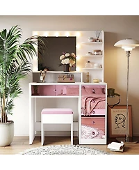 Rainsken Dressing Table Set with Cushioned Stool, Modern Makeup Vanity with Glass Top, 11 Led Bulbs, 6 Storage Drawer and Shelves for Bedroom