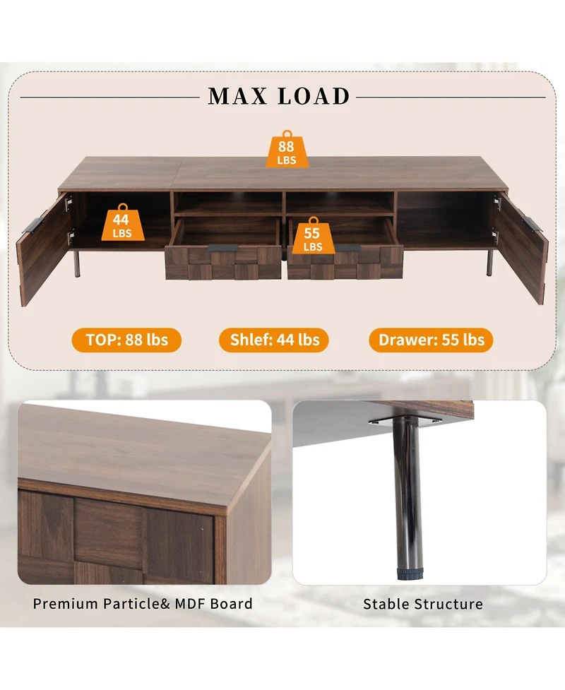 Rainsken 80" Mid Century Tv Stand, with 2 Drawers, 2 Doors, and Open Space, for TVs Up to 85", Media Console, for Living room, Bedroom
