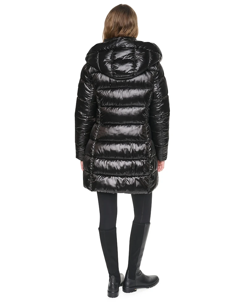 Dkny Women's Pearlized Hooded Walker with Bib Coat