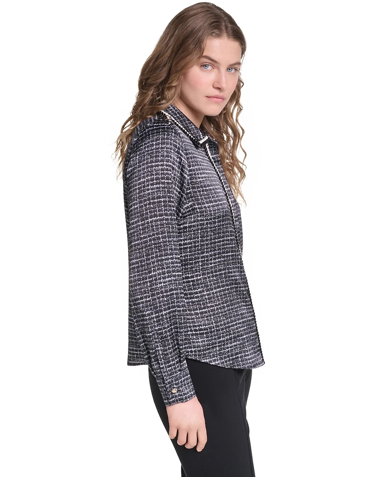 Karl Lagerfeld Paris Petite Print Tweed Trim Top