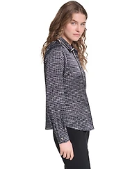 Karl Lagerfeld Paris Petite Print Tweed Trim Top