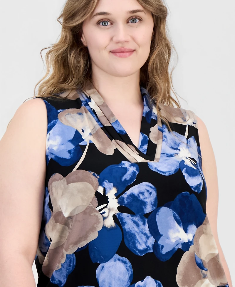 Anne Klein Plus Printed V-Neck Sleeveless Top