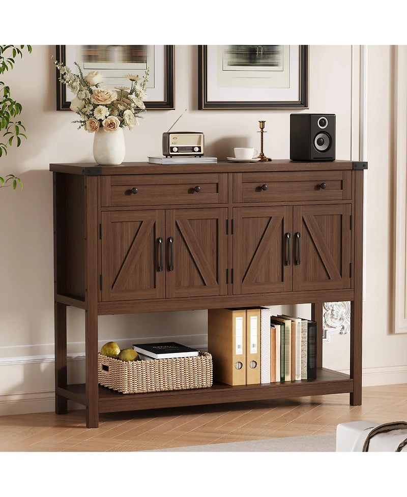 homfan 47 Inch Modern Farmhouse Wooden Console, Sideboard Buffet with 2 Drawers, 4 Barn Doors and Open Shelf for Multi-Room Storage