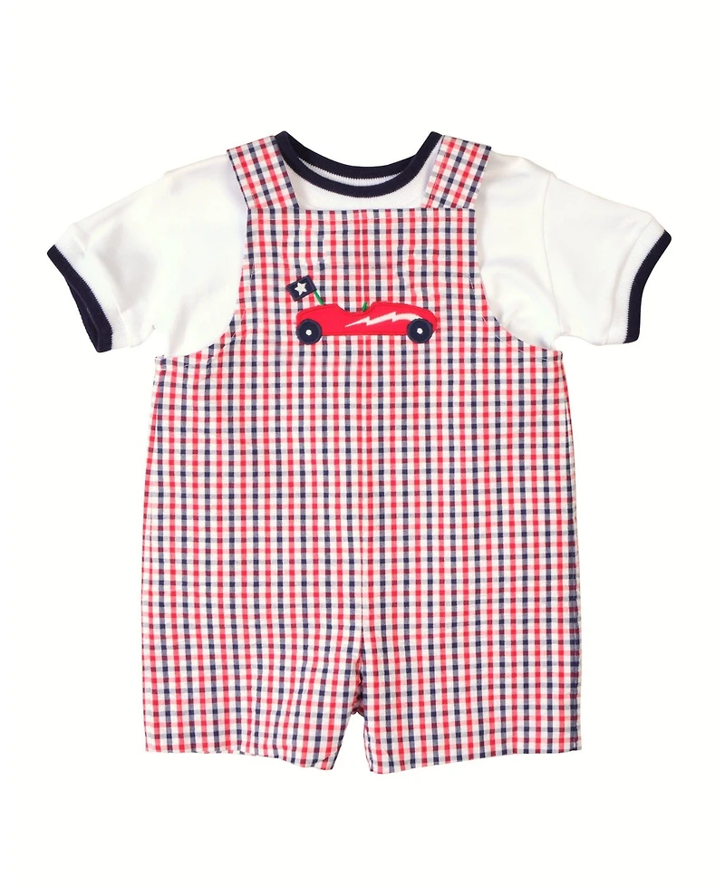 Florence Eiseman Baby Boy Plaid Seersucker Shortall With Derby Car