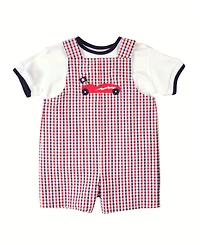 Florence Eiseman Baby Boy Plaid Seersucker Shortall With Derby Car