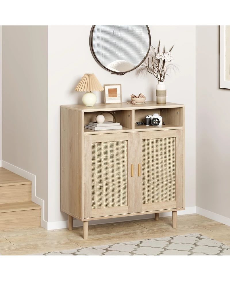 homfan Modern Rattan Buffet Cabinet,4-Door Sideboard with Adjustable Shelf, Multipurpose Storage for Kitchen, Dining, Ideal as Coffee Bar & Tv Stand