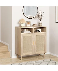 homfan Modern Rattan Buffet Cabinet,4-Door Sideboard with Adjustable Shelf, Multipurpose Storage for Kitchen, Dining, Ideal as Coffee Bar & Tv Stand