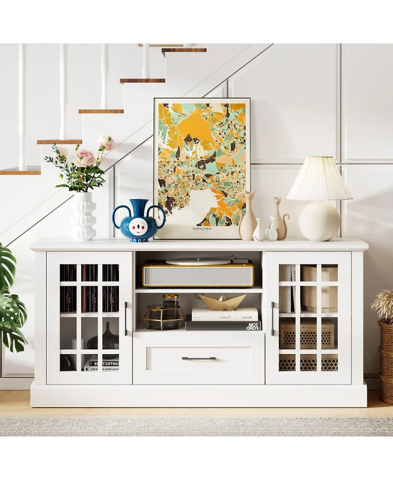 Gouun Farmhouse Tv Stand with Glass Doors and Drawer for TVs up to 70 in