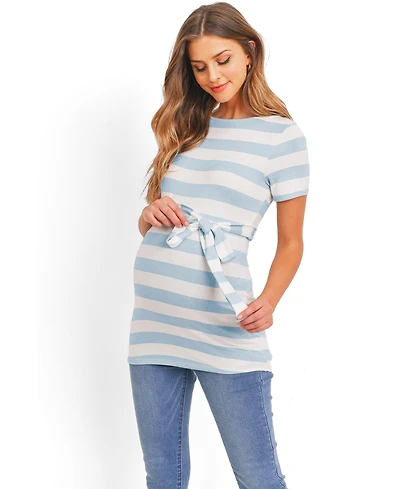 Hello Miz Women's Maternity Striped Tie-Waist Short Sleeve Tunic Top