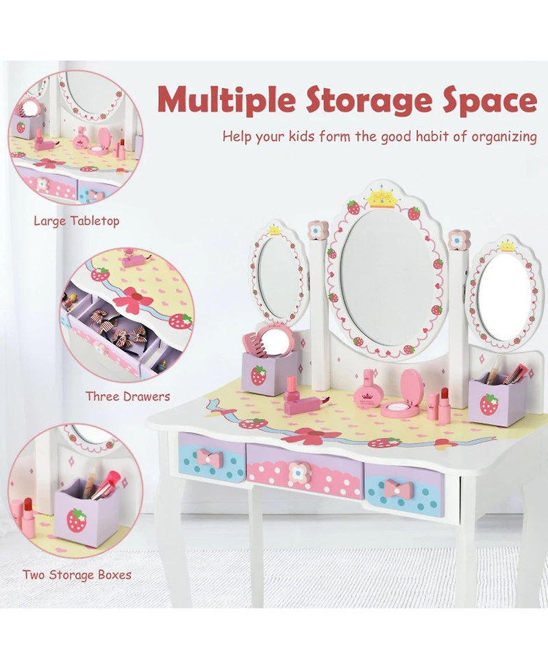 Gouun Kids Vanity Dressing Table and Chair Set with Tri-Fold Mirror