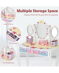 Gouun Kids Vanity Dressing Table and Chair Set with Tri-Fold Mirror